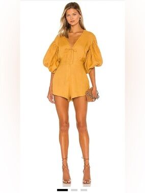 SWF Puff Sleeve V Neck Romper in Desert Gold | NWT